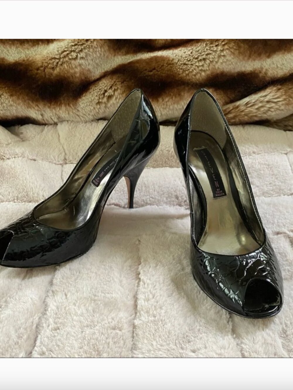 Steven by Steven Madden Peep Toe Black Patent Embossed Crocodile - Size 8